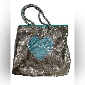 Betsy Johnson Silver and Teal Sequin Heart Tote Bag